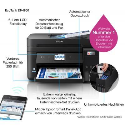 Epson EcoTank Impresora multifunción ET-4850 A4 con depósito de tinta, conexión Wi-Fi