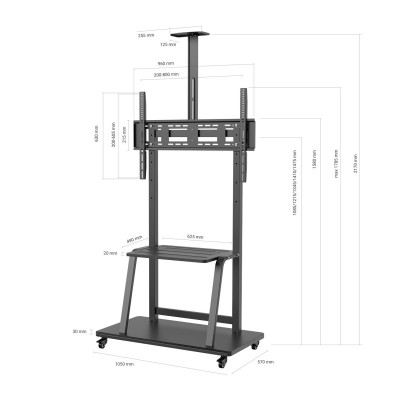 AISENS Soporte de Suelo ECO con Rueda, Bandeja para DVD y Soporte de Cámara para MonitorTV 150Kg de 37-100, Negro