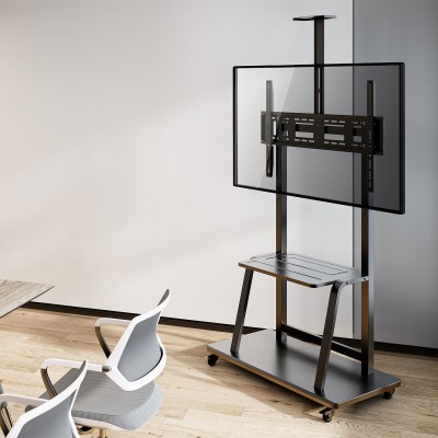 AISENS Soporte de Suelo ECO con Rueda, Bandeja para DVD y Soporte de Cámara para MonitorTV 150Kg de 37-100, Negro