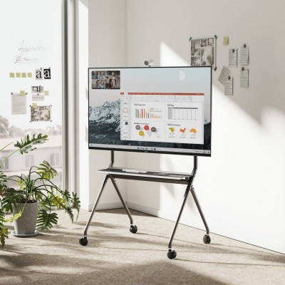 AISENS Soporte De Suelo Pro Con Rueda, 1 Bandeja Para Pantalla InteractivaTV 120kg De 50-86, Negro