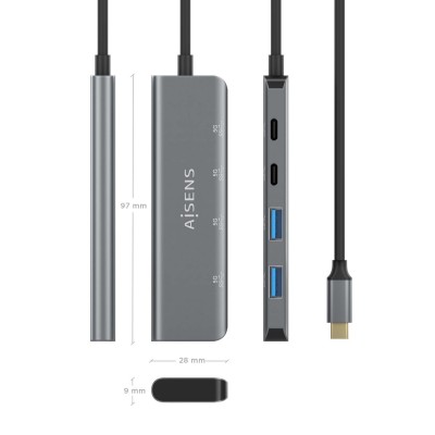 AISENS Hub USB 3.2 Gen1 5G USB-C, USB-CM-2xUSB-CH-2xUSB-AH, Gris, 15 cm