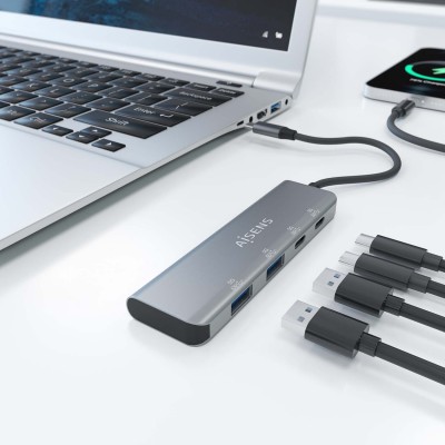 AISENS Hub USB 3.2 Gen1 5G USB-C, USB-CM-2xUSB-CH-2xUSB-AH, Gris, 15 cm