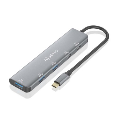 AISENS Hub USB 3.2 Gen1 5G USB-C, USB-CM-1xUSB-C PD100WH-1xUSB-CH-3xUSB-AH, Gris, 15cm