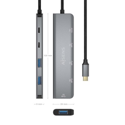 AISENS Hub USB 3.2 Gen1 5G USB-C, USB-CM-1xUSB-C PD100WH-1xUSB-CH-3xUSB-AH, Gris, 15cm