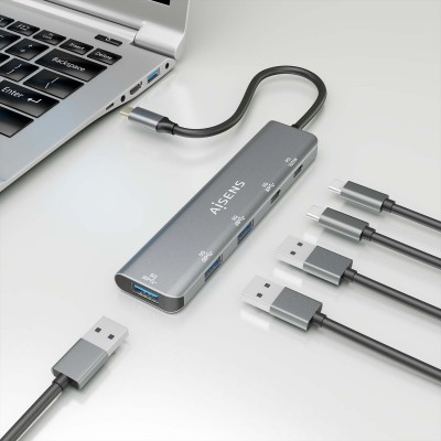AISENS Hub USB 3.2 Gen1 5G USB-C, USB-CM-1xUSB-C PD100WH-1xUSB-CH-3xUSB-AH, Gris, 15cm