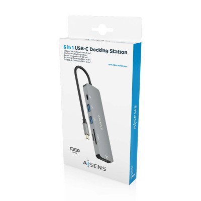 AISENS USB-C Dock 6 EN 1, USB-C a 1xHDMI, 2xUSB-A, 1xUSB-C PD 100W, 1xSD, 1xMicro SD, Gris, 15cm