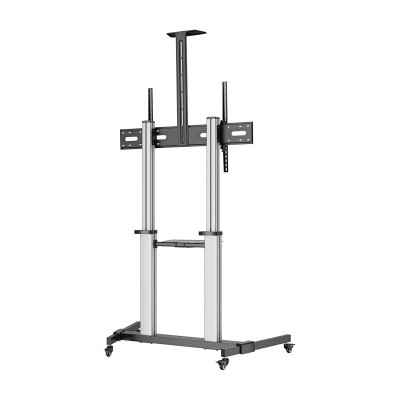 AISENS Soporte de suelo PRO con ruedas, bandeja para DVD y soporte de cámara para MonitorTV 100Kg de 60-100, Negro-Plata