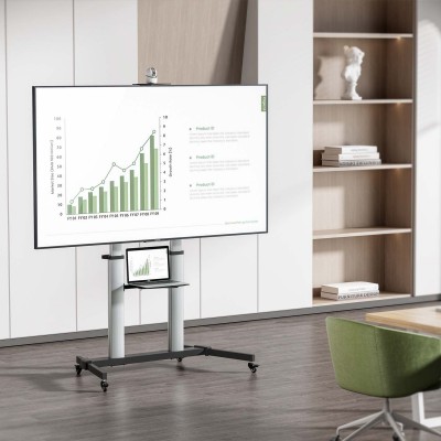 AISENS Soporte de suelo PRO con ruedas, bandeja para DVD y soporte de cámara para MonitorTV 100Kg de 60-100, Negro-Plata