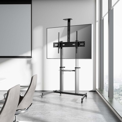 AISENS Soporte de suelo PRO con ruedas, bandeja para DVD y soporte de cámara para MonitorTV 100Kg de 60-100, Negro-Plata