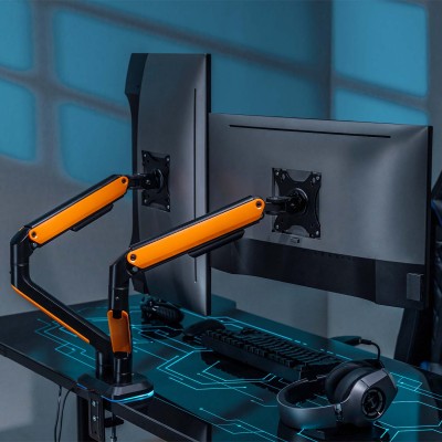 AISENS Soporte de Mesa RGB Gaming contrapeso giratorio e inclinable para MonitorTV 9Kg (3 Pivotes, 2 Brazos) de 17-32, Negro-Na