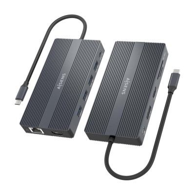 AISENS USB-C Dock 12 En 1, USB-C a 2xHDMI, 1xDisplayport, 1xRJ45, 4xUSB-A, 1xUSB-C, 1xUSB-C PD, 1xSD, 1xMicro SD, Gris, 20cm