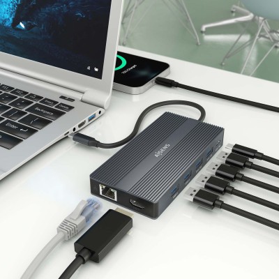 AISENS USB-C Dock 12 En 1, USB-C a 2xHDMI, 1xDisplayport, 1xRJ45, 4xUSB-A, 1xUSB-C, 1xUSB-C PD, 1xSD, 1xMicro SD, Gris, 20cm