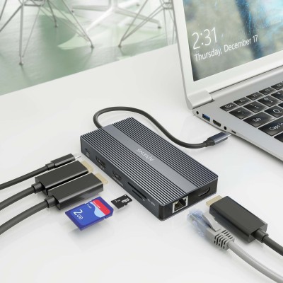 AISENS USB-C Dock 12 En 1, USB-C a 2xHDMI, 1xDisplayport, 1xRJ45, 4xUSB-A, 1xUSB-C, 1xUSB-C PD, 1xSD, 1xMicro SD, Gris, 20cm