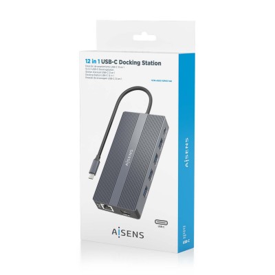 AISENS USB-C Dock 12 En 1, USB-C a 2xHDMI, 1xDisplayport, 1xRJ45, 4xUSB-A, 1xUSB-C, 1xUSB-C PD, 1xSD, 1xMicro SD, Gris, 20cm