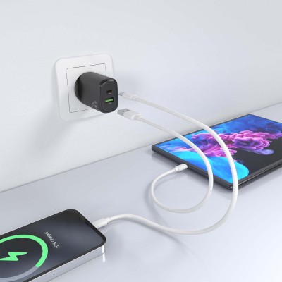 AISENS Cargador GaN 20W, 1xUSB-C PD3.0, 1xUSB-A QC3.0, Negro