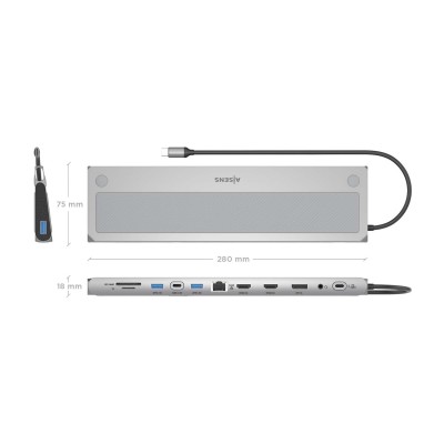 AISENS USB-C Dock 12 en 1, USB-C a 2xHDMI, 1xDisplayPort, 1xRJ45, 3xUSB-A, 1xUSB-C, 1xUSB-C PD, 1xSD, 1xMicro SD, 1xAudio, Gris
