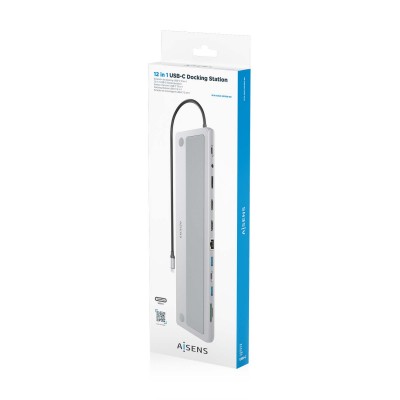 AISENS USB-C Dock 12 en 1, USB-C a 2xHDMI, 1xDisplayPort, 1xRJ45, 3xUSB-A, 1xUSB-C, 1xUSB-C PD, 1xSD, 1xMicro SD, 1xAudio, Gris