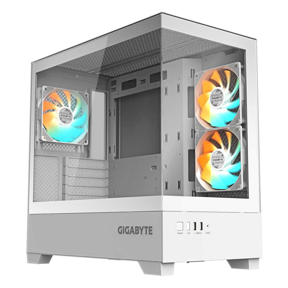 GIGABYTE C201 PANORAMIC ICE Caja para PC – Torre media, m-ATX, compatible con radiador de 360 mm, 3 ventiladores preinstalados,