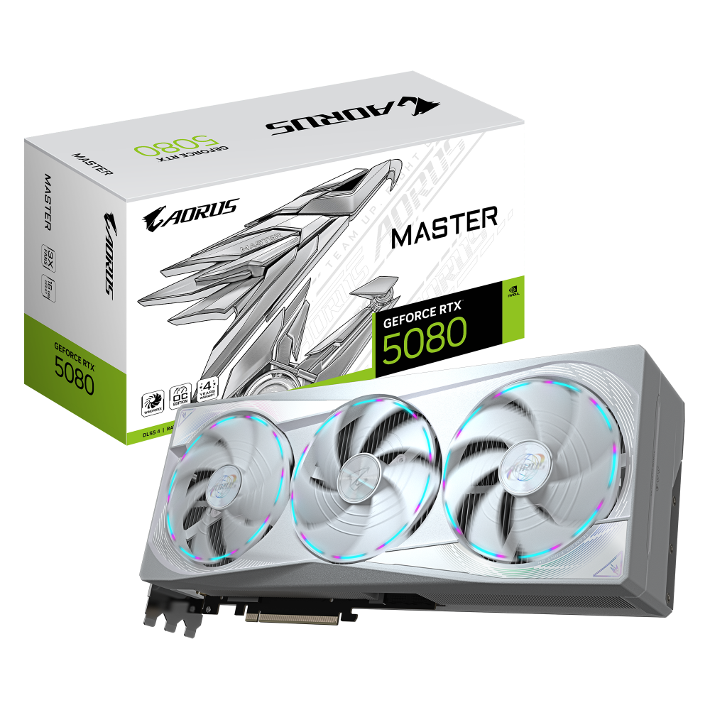 GIGABYTE AORUS GeForce RTX 5080 MASTER ICE 16G Tarjeta Gráfica - 16GB GDDR7, 256 bits, PCI-E 5.0, 2805MHz Core Clock, 3 x DP 2.