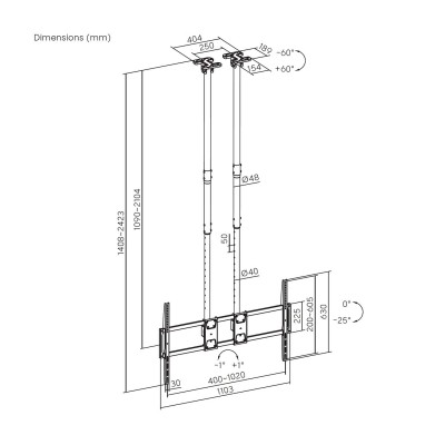 AISENS Soporte de Techo PRO Inclinable, Extensible y Nivelable para MonitorTV 120kg de 60-120, Negro
