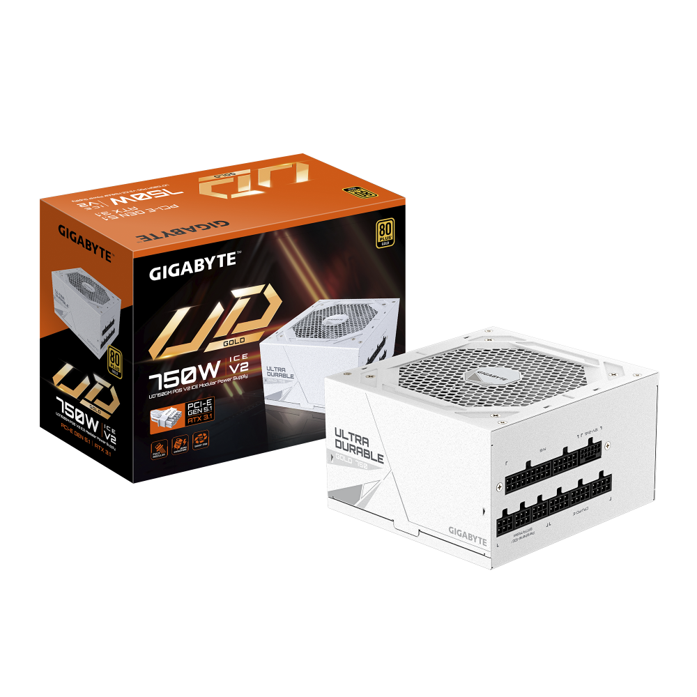 GIGABYTE UD750GM PG5 V2 ICE Fuente de Alimentación – PCIe Gen 5.1, 80 PLUS Gold, Diseño completamente modular, Ventilador de 12