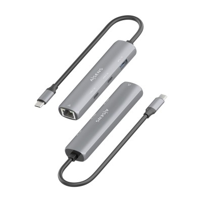 AISENS Dock USB-C A Ethernet Gigabit + Hub 2xUSB-C+1xUSB-A, Gris, 15cm