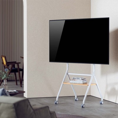 AISENS Soporte de suelo eco con rueda, 1 bandeja para pantalla interactivaTV 80kg de 37-86, Blanco+Madera