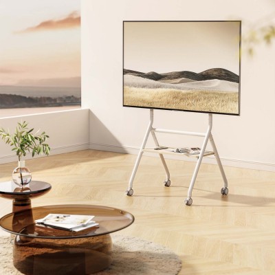 AISENS Soporte de suelo eco con rueda, 1 bandeja para pantalla interactivaTV 80kg de 37-86, Blanco+Madera
