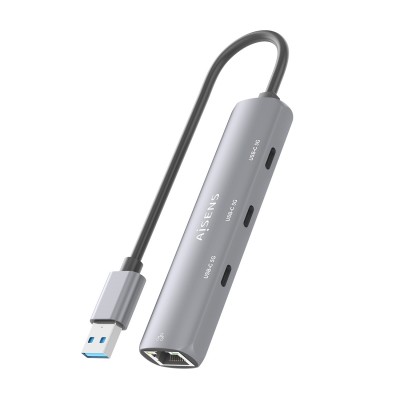 AISENS USB3.0 Dock USB-A A Ethernet Gigabit + Hub 3xUSB-C, Gris, 15cm