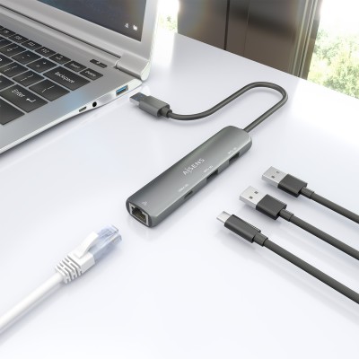 AISENS USB3.0 Dock USB-A A Ethernet Gigabit + Hub 1xUSB-C+2xUSB-A, Gris, 15cm