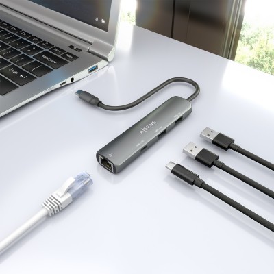 AISENS Dock USB-C A Ethernet Gigabit + Hub 1xUSB-C+2xUSB-A, Gris, 15cm