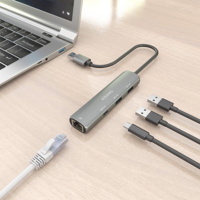 AISENS USB3.0 Dock USB-A A Ethernet Gigabit + Hub 1xUSB-C+2xUSB-A, Gris, 15cm