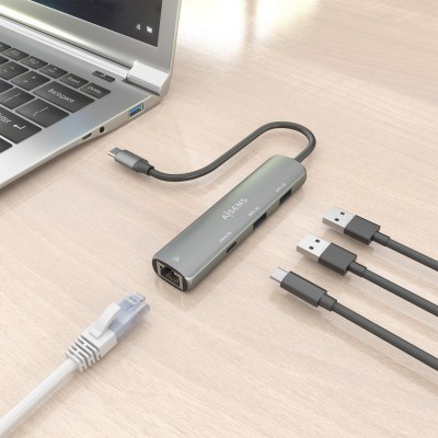 AISENS Dock USB-C A Ethernet Gigabit + Hub 1xUSB-C+2xUSB-A, Gris, 15cm