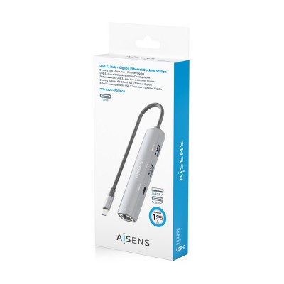 AISENS Dock USB-C A Ethernet Gigabit + Hub 1xUSB-C+2xUSB-A, Gris, 15cm