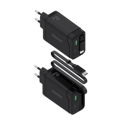 AISENS Cargador GaN 65W, 1xUSB-C Cable Retractil, 1xUSB-C PD3.0, 1xUSB-A QC3.0, Negro