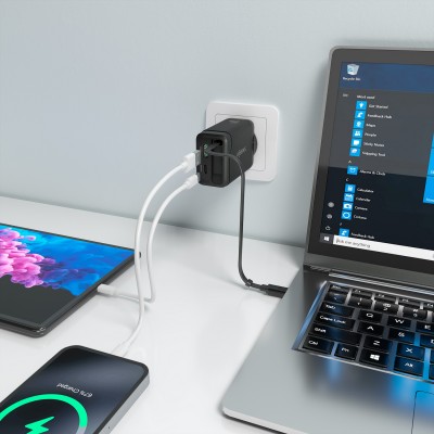 AISENS Cargador GaN 65W, 1xUSB-C Cable Retractil, 1xUSB-C PD3.0, 1xUSB-A QC3.0, Negro