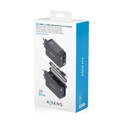 AISENS Cargador GaN 65W, 1xUSB-C Cable Retractil, 1xUSB-C PD3.0, 1xUSB-A QC3.0, Negro