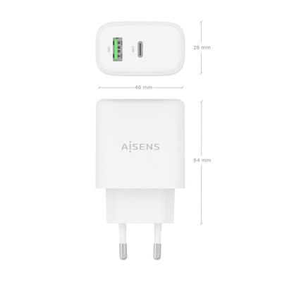 AISENS Cargador GaN 45W, 1xUSB-C PD3.0 QC4.0, 1xUSB-A QC3.0, Blanco