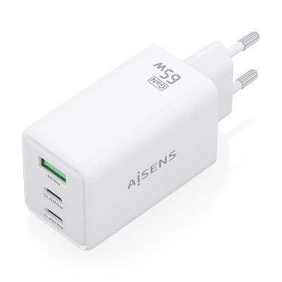 AISENS Cargador GaN 65W, 2xUSB-C PD3.0 QC4.0, 1xUSB-A QC3.0, Blanco