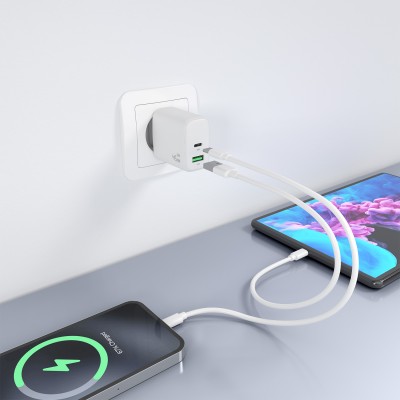 AISENS Cargador GaN 45W, 1xUSB-C PD3.0 QC4.0, 1xUSB-A QC3.0, Blanco