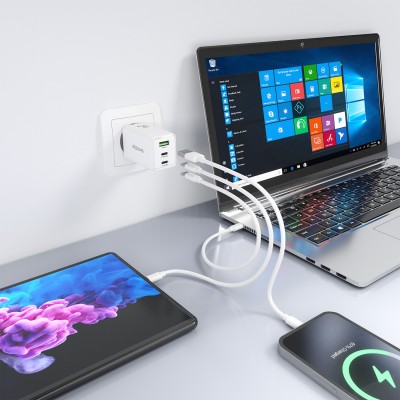 AISENS Cargador GaN 65W, 2xUSB-C PD3.0 QC4.0, 1xUSB-A QC3.0, Blanco