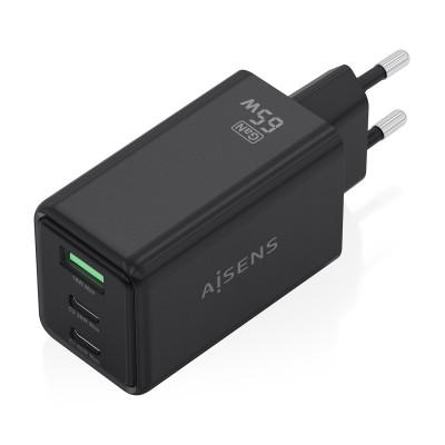 AISENS Cargador GaN 65W, 2xUSB-C PD3.0 QC4.0, 1xUSB-A QC3.0, Negro