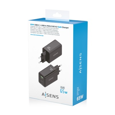 AISENS Cargador GaN 65W, 2xUSB-C PD3.0 QC4.0, 1xUSB-A QC3.0, Negro