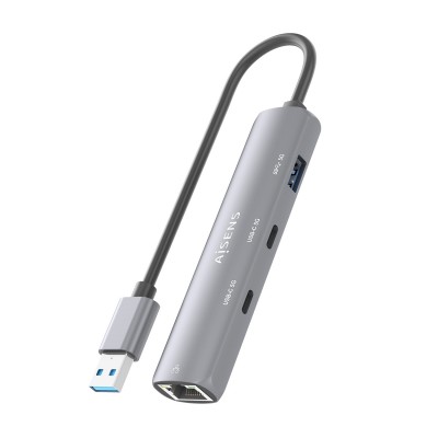 AISENS USB3.0 Dock USB-A A Ethernet Gigabit + Hub 2xUSB-C+1xUSB-A, Gris, 15cm
