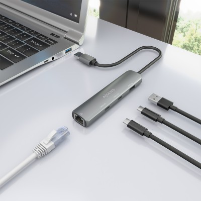 AISENS USB3.0 Dock USB-A A Ethernet Gigabit + Hub 2xUSB-C+1xUSB-A, Gris, 15cm