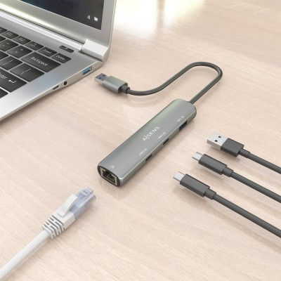 AISENS USB3.0 Dock USB-A A Ethernet Gigabit + Hub 2xUSB-C+1xUSB-A, Gris, 15cm