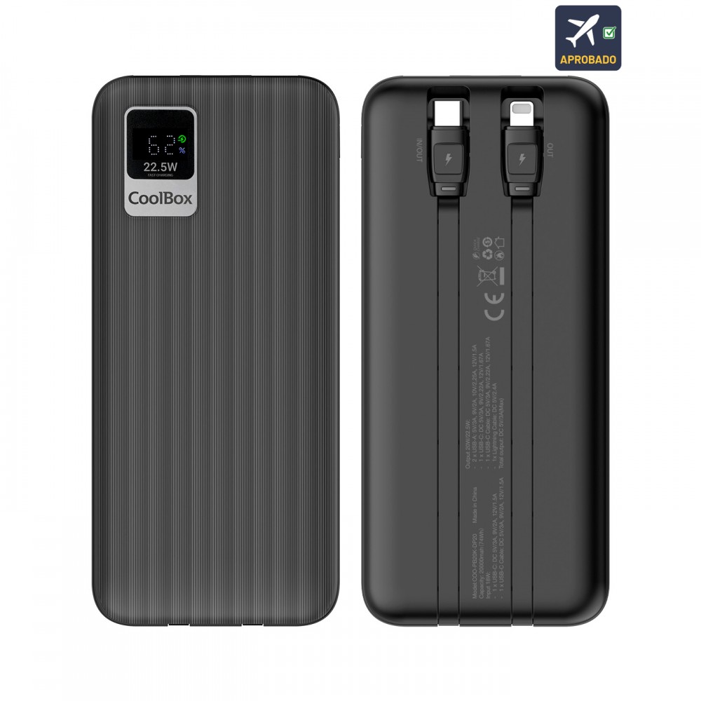 CoolBox POWERBANK DP20 20000MAH LCD+CABLES INTEGRADOS USB-C+LIGHTING NEGRO CARGA RAPIDA