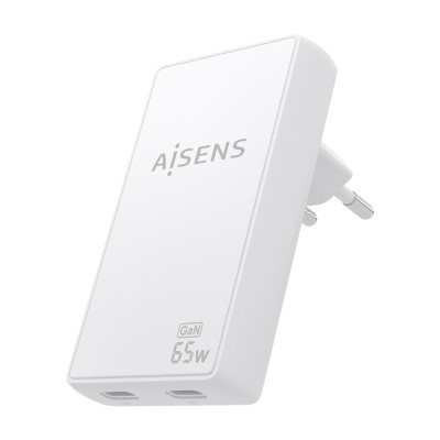 AISENS Cargador De Pared GaN Ultra Delgado 65W, 2xUSB-C PD3.0 QC4.0, Blanco