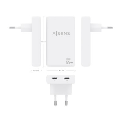 AISENS Cargador De Pared GaN Ultra Delgado 65W, 2xUSB-C PD3.0 QC4.0, Blanco