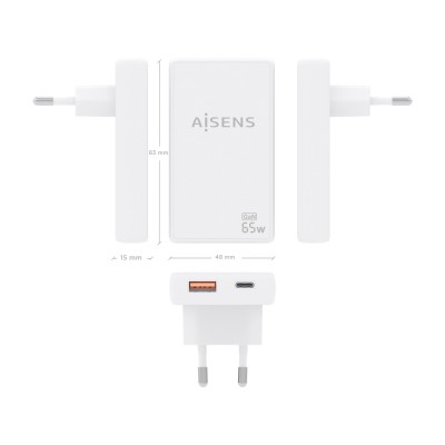 AISENS Cargador De Pared GaN Ultra Delgado 65W, 1xUSB-C PD3.0 QC4.0, 1xUSB-A QC3.0, Blanco